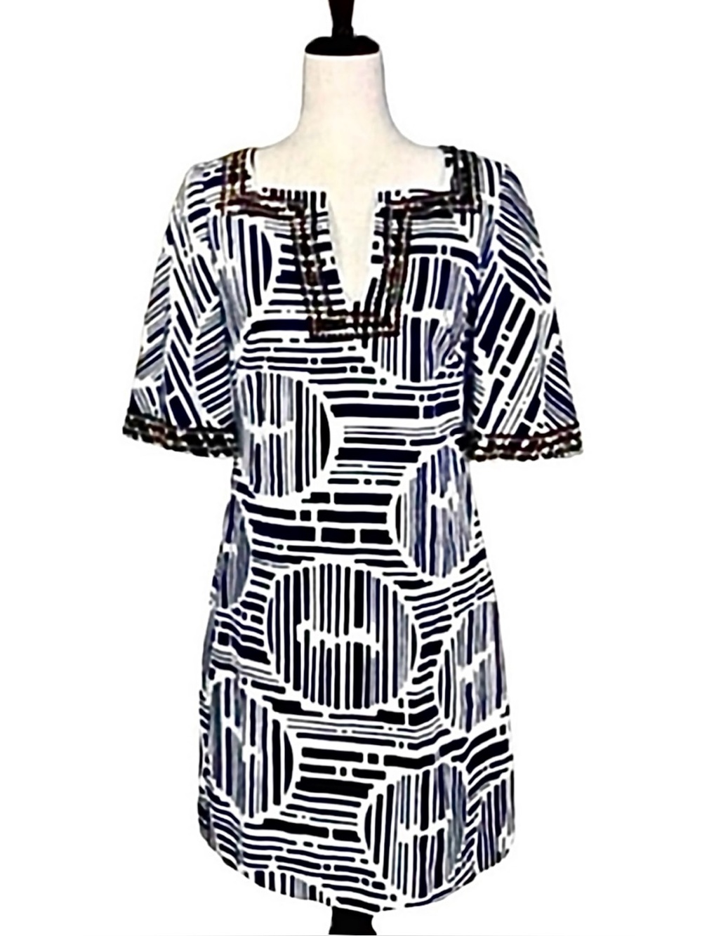 Trina Turk Navy Cotton Beaded Shift Dress Tropical Print Resort Wear Mini Size 4